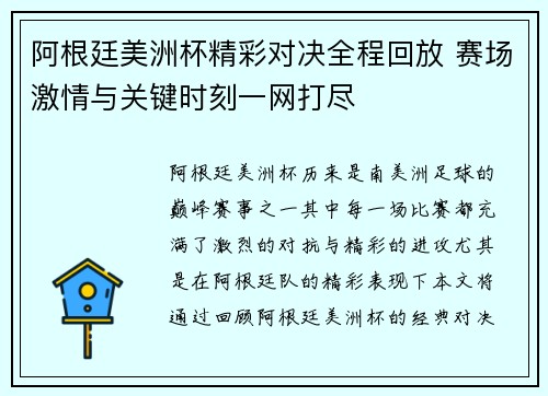 阿根廷美洲杯精彩对决全程回放 赛场激情与关键时刻一网打尽